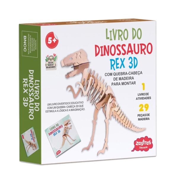 Livro do Dinossauro T-Rex 3D com peças de madeira